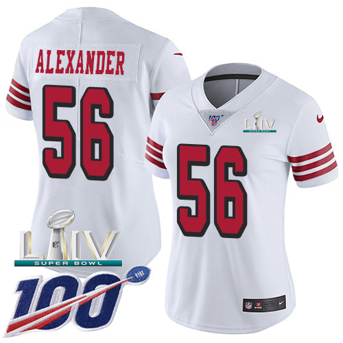 San Francisco 49ers Nike 56 Kwon Alexander White Super Bowl LIV 2020 Rush Women Stitched NFL Limited 100th Season Jersey